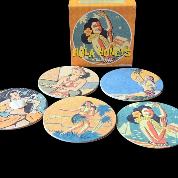 Vintage Hula Honeys Cardboard Coasters 2003 Set of 9 With Drink Recipes On Back - Picture 2 of 5